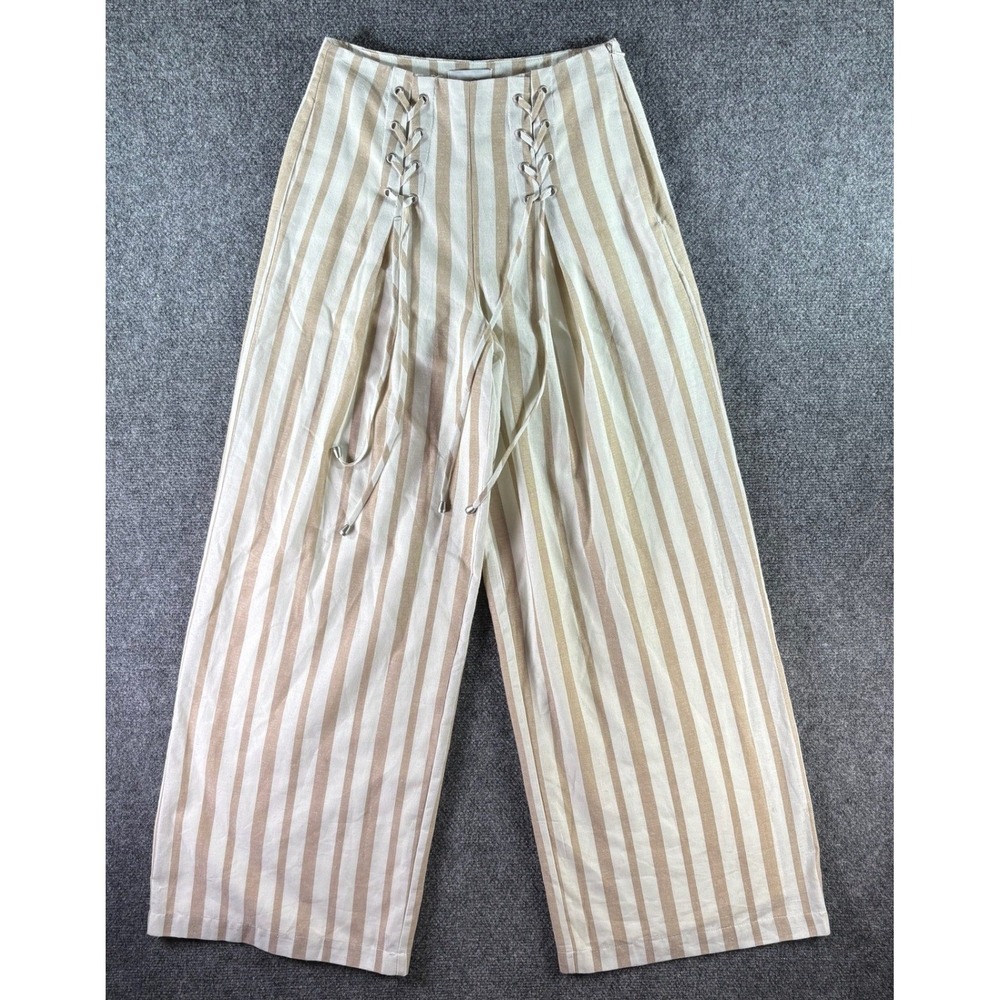 Chriselle x JOA Wide Leg Pants Womens XS Tan Cream Striped Lace Up‎ High Rise